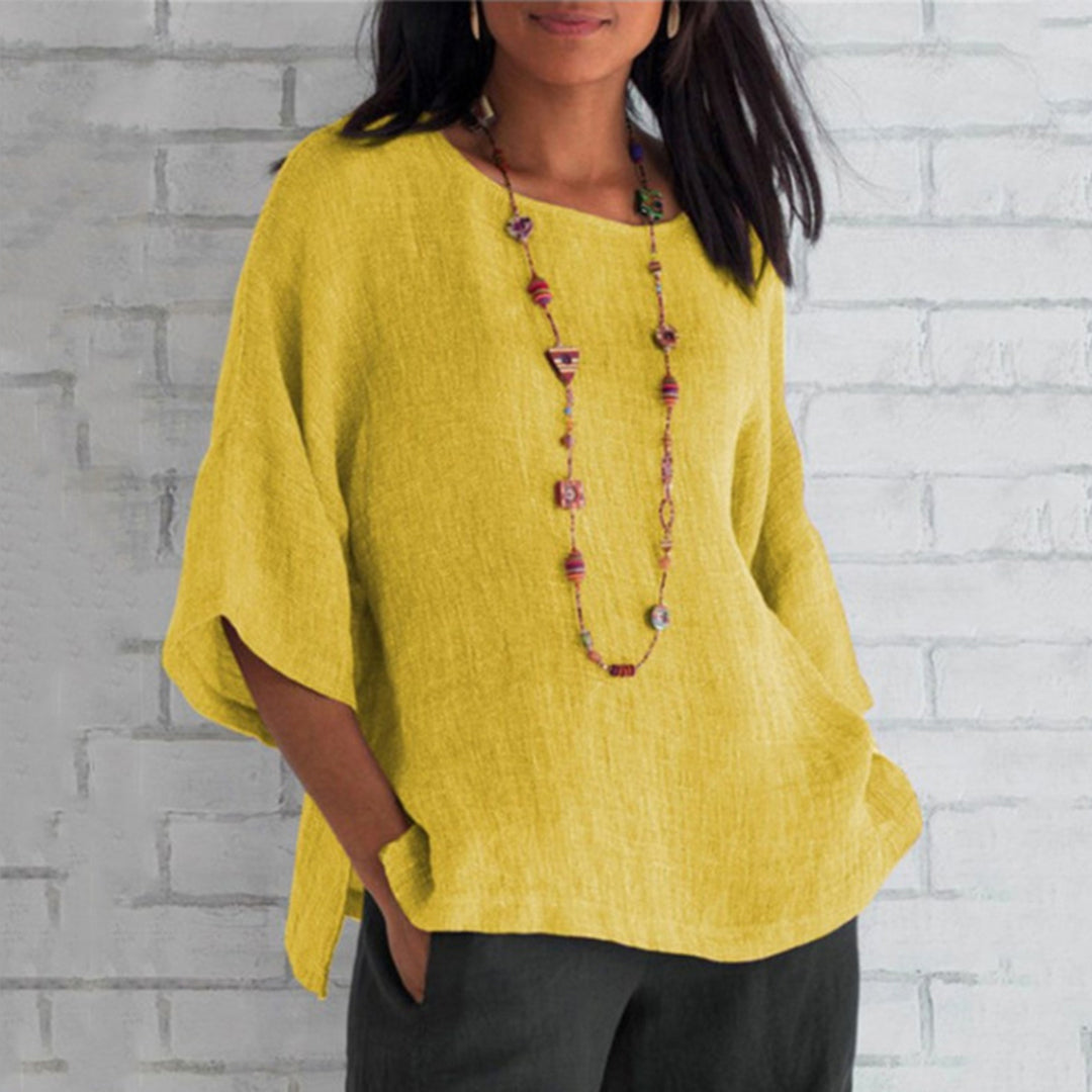 Top - Linen Blend 3/4 Sleeves & Relaxed Shape For Airflow